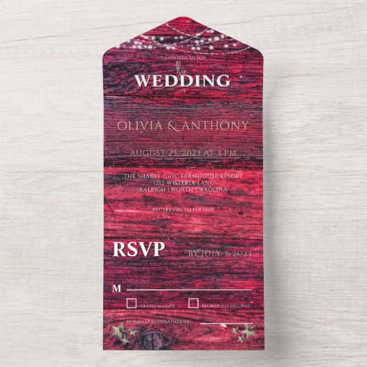 Rustic Red Wood String Lights Wedding All In One Uitnodiging (Binnen)