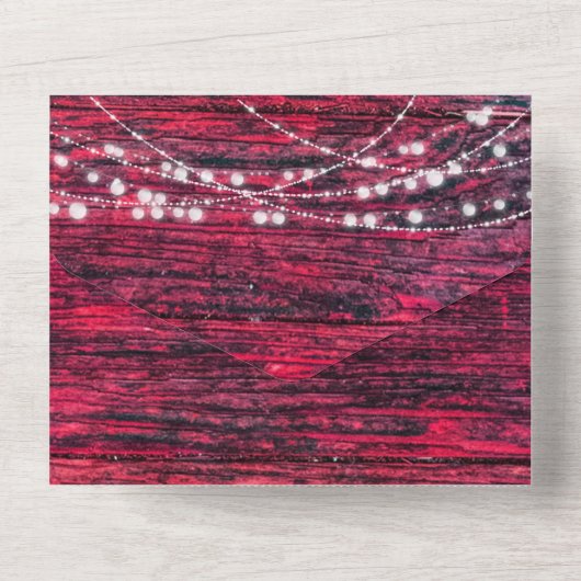 Rustic Red Wood String Lights Wedding All In One Uitnodiging (Achterkant)