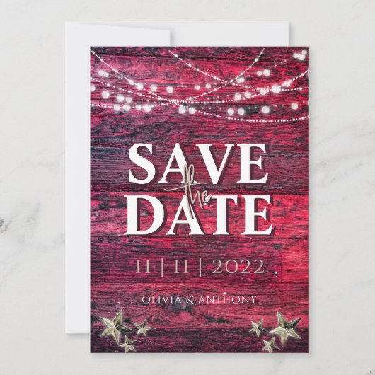 Rustic Red Wood String Lights Wedding Save The Date (Voorkant)