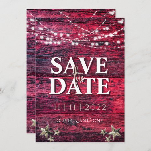 Rustic Red Wood String Lights Wedding Save The Date (Voorkant / Achterkant)