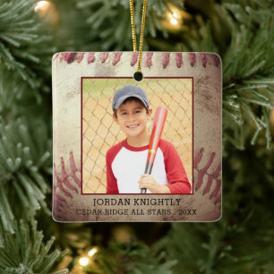 Rustic Robuuste honkbal 1 of 2 Foto gepersonalisee Keramisch Ornament