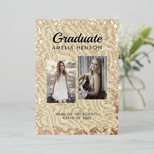 Rustic Rococo Afstuderen het Afstuderen van de Fot Folie Uitnodiging (Staand Voorkant)