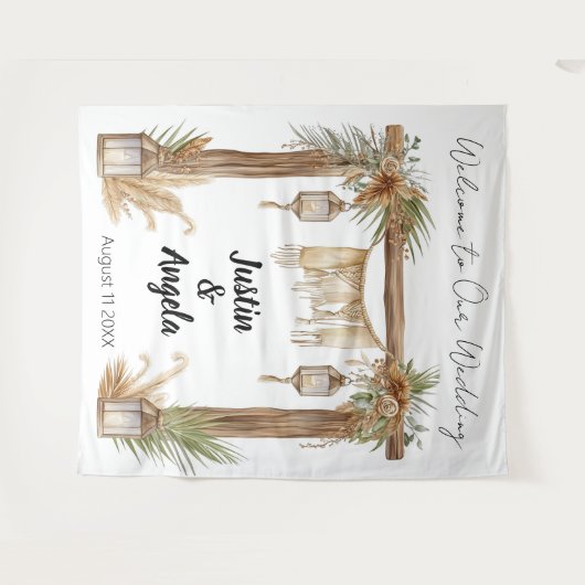Rustic Romance Customizable Wedding Arch Backdrop Wandkleed (Voorkant (horizontaal))