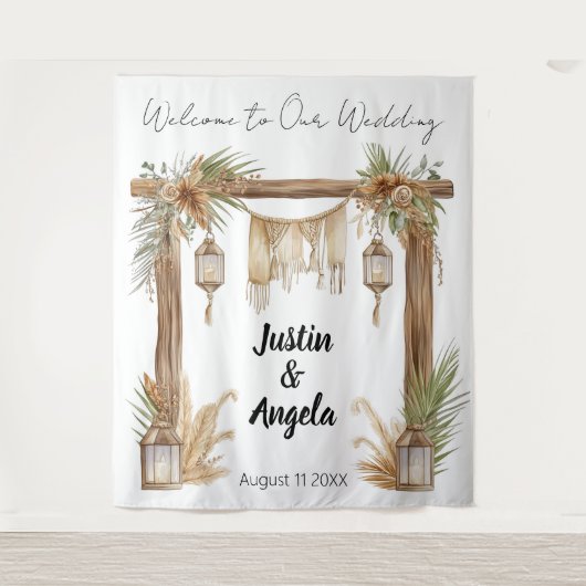 Rustic Romance Customizable Wedding Arch Backdrop Wandkleed (Voorkant)