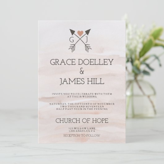 Rustic Romantic Arrows and Heart Wedding Invitatio Kaart (Staand voorkant)