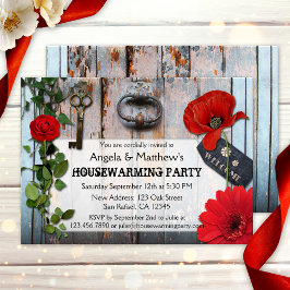 Rustic Romantic Floral Wood Housewarming Invite Kaart