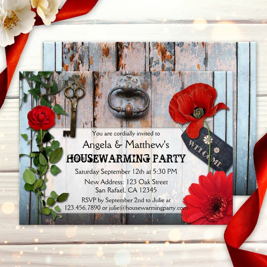 Rustic Romantic Floral Wood Housewarming Invite Kaart