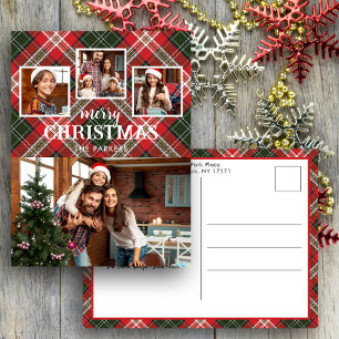 Rustic Rood/Groen Geruit Prettig Kerstmis 4-Foto Feestdagenkaart