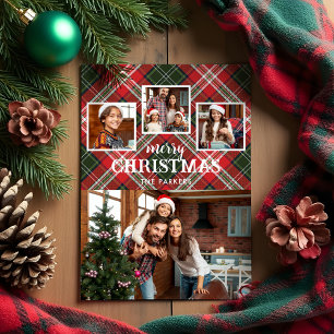Rustic Rood/Groen Geruit Prettig Kerstmis 4-Foto Feestdagenkaart