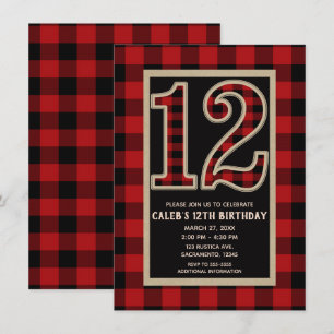 Rustic Rood Zwart Buffalo Plaid 12e 12 Verjaardag Kaart