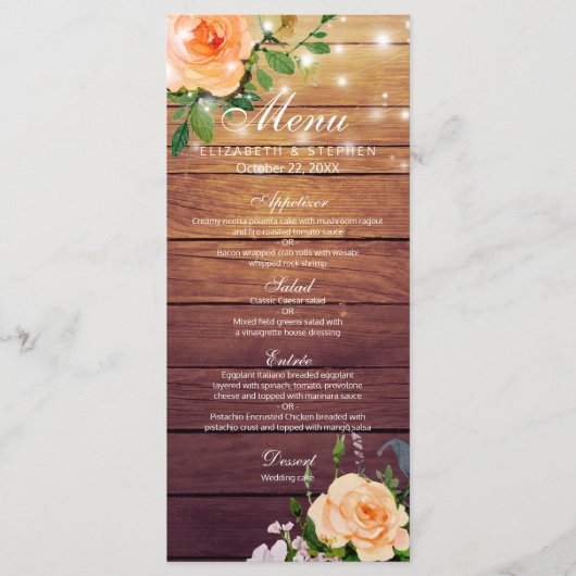 Rustic Roos Floral String Lights Wedding Menu (Voorkant)