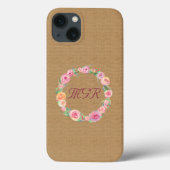 Rustic Roos Krans Monogram op Burlap Case-Mate iPhone Case (Achterkant)
