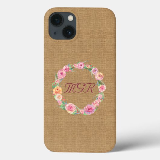 Rustic Roos Krans Monogram op Burlap Case-Mate iPhone Case (Achterkant)