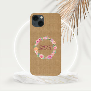 Rustic Roos Krans Monogram op Burlap iPhone 13 Hoesje