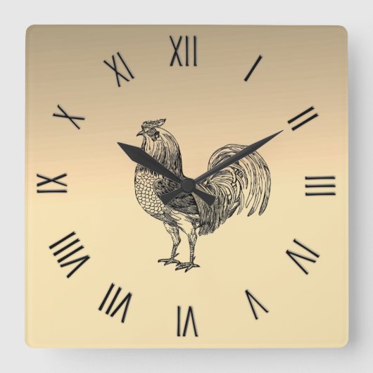 Rustic Rooster Black Numerals Vierkante Klok (Voorkant)
