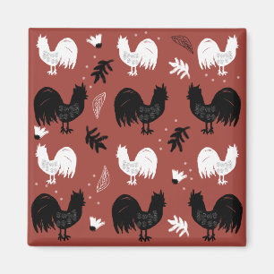 Rustic Roosters Boerderij Hand Drawn Pattern Magneet