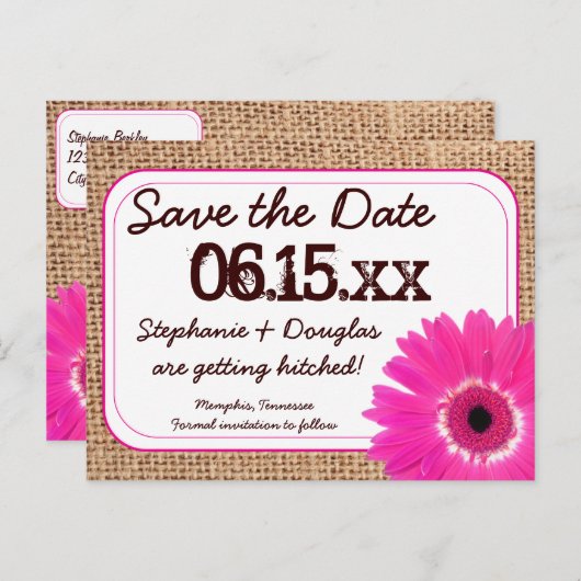 Rustic Rose Daisy Burlap Enregistrer la date Carte (Devant / Derrière)