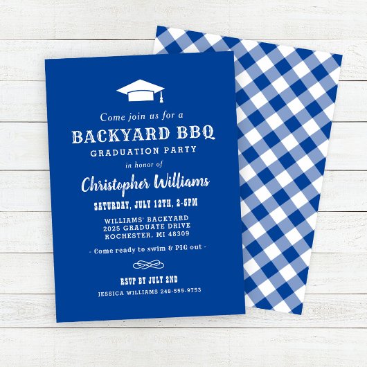Rustic Royal Blue Backyard BBQ Graduation Party Kaart