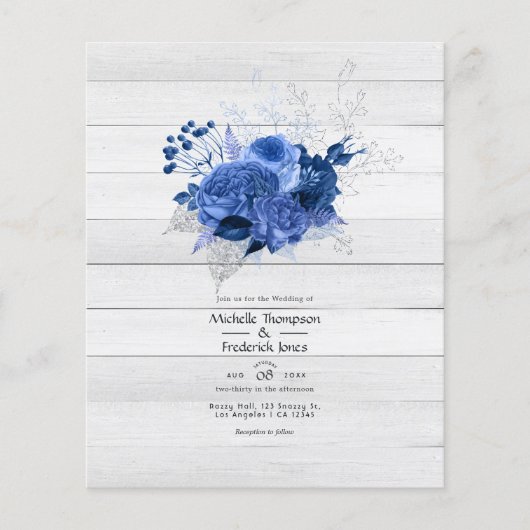 Rustic Royal Blue en Silver Floral Wedding Flyer (Voorkant)