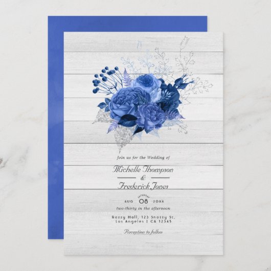 Rustic Royal Blue & Silver Floral QR Code Wedding Kaart (Voorkant / Achterkant)