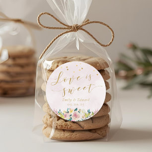 Rustic Roze Bloemige 'Liefde is Zoet' Trouwcadeau Ronde Sticker
