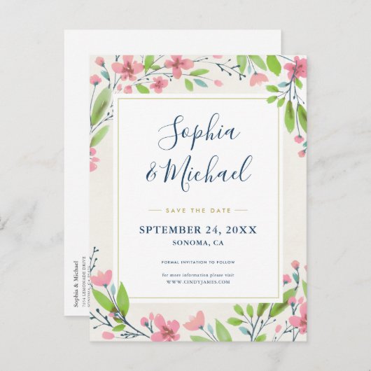 Rustic roze Floral sparen de Datum Uitnodiging (Voorkant / Achterkant)