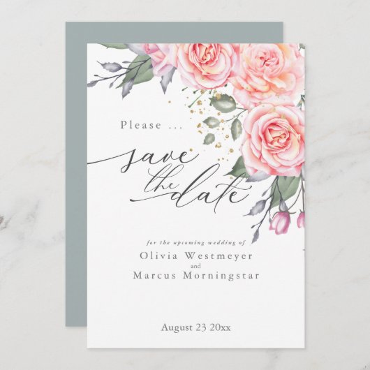 Rustic roze Rozen opslaan Datum Kaart (Voorkant / Achterkant)