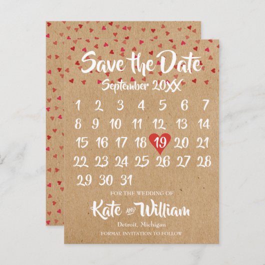 Rustic Ruby Red Love Hart Kalender Bewaar de datum Aankondigingskaart (Voorkant / Achterkant)