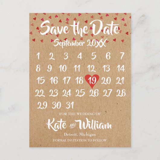 Rustic Ruby Red Love Hartkalender Save the Date Aankondigingskaart (Voorkant)