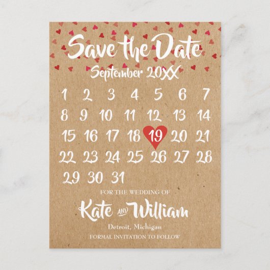 Rustic Ruby Red Love Heart Calendar Sla de datum o Aankondigingskaart (Voorkant)