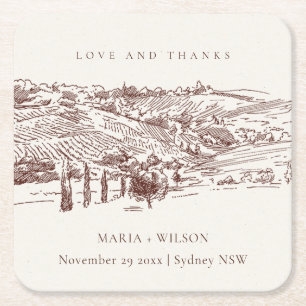 Rustic Rust Brown Winery Mountain Sketch Wedding Vierkante Kartonnen Onderzetter