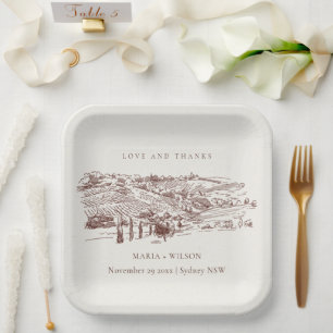 Rustic Rust Oranje Winery Mountain Sketch Wedding Papieren Bordje