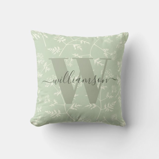 Rustic Sage Green Botanical Floral Monogramed Kussen (Voorkant)
