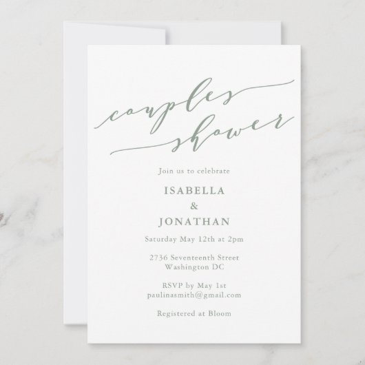 Rustic Sage Green Botanical Script Couples Shower Kaart (Voorkant)