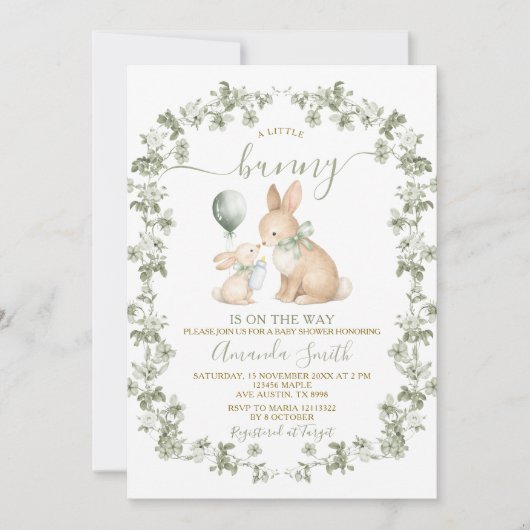 Rustic Sage Green Bunny Baby Shower Invitation Kaart (Voorkant)