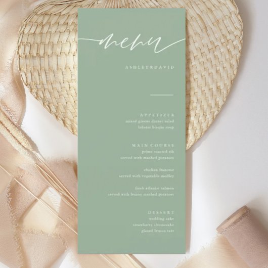 Rustic Sage Green Calligraphy Wedding Menu Cards