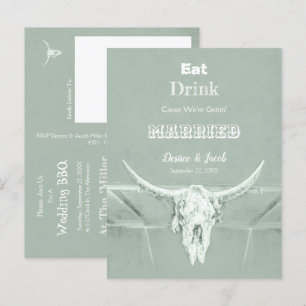 Rustic Sage Green Eat Drink Married Bull Skull Aankondigingskaart