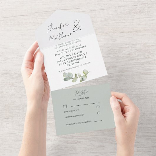 Rustic Sage Green Eucalyptus Wedding All In One Uitnodiging (Afscheurbaar)