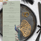 Rustic Sage Green Floral Peacock Bird Mariage Menu