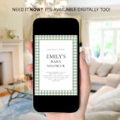 Rustic Sage Green Gingham Baby shower Kaart