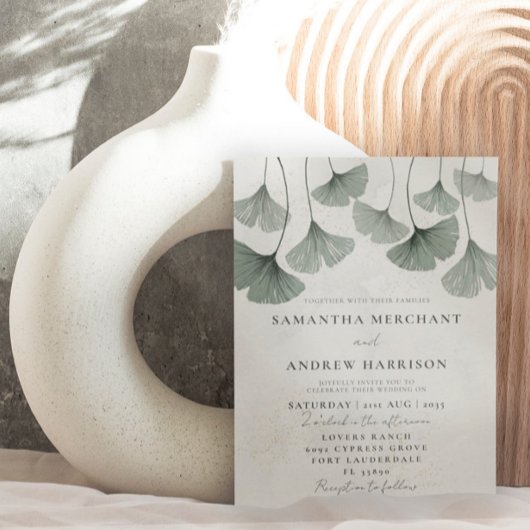 Rustic Sage Green Ginkgo leaf Wedding Kaart