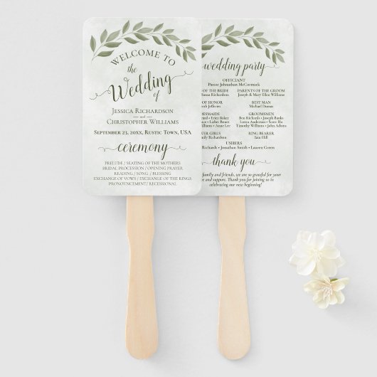 Rustic Sage Green Leaves Elegant Wedding Programme Handwaaier (Voorkant en achterkant)