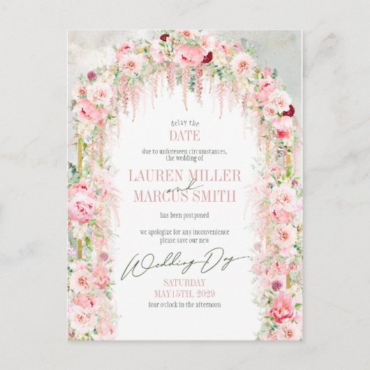 Rustic Sage Green & Pink Floral Arch Delay Datum Briefkaart (Voorkant)