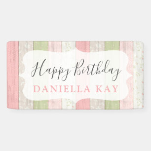 Rustic Sage Green Pink Floral Wood Happy Birthday Spandoek