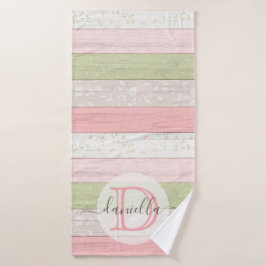 Rustic Sage Green & Roze Floral Wood op maat Badhanddoek