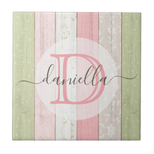 Rustic Sage Green & Roze Floral Wood op maat Tegeltje