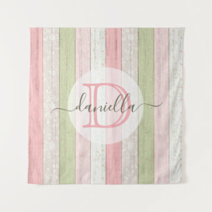 Rustic Sage Green & Roze Floral Wood op maat Wandkleed