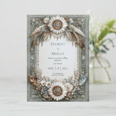 Rustic Sage Green White Sunflower Feather Wedding Kaart (Staand voorkant)