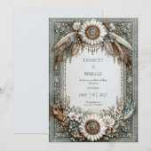 Rustic Sage Green White Sunflower Feather Wedding Kaart (Voorkant / Achterkant)