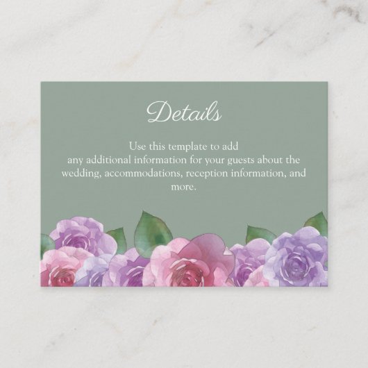 Rustic Sage Pink Rose Floral Wedding Details Informatiekaartje (Voorkant)